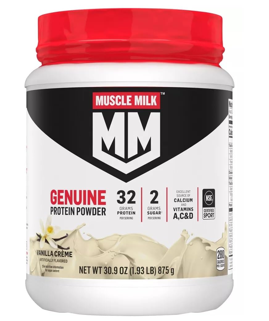Muscle Milk Lean Muscle Vanilla Creme powder tub for post-workout nourishment.