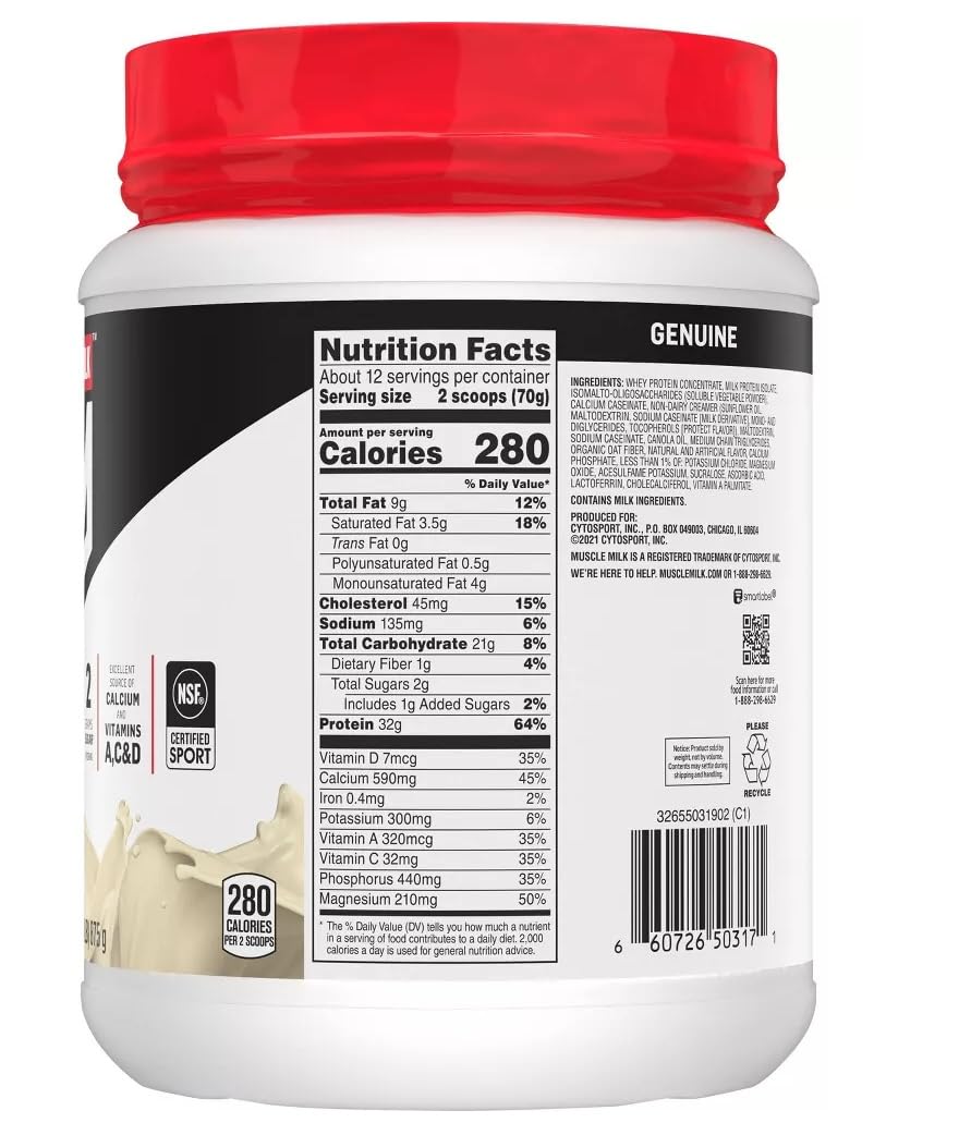 Muscle Milk Lean Muscle Vanilla Creme serving scoop emphasizes convenient protein.