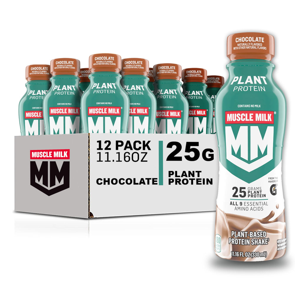 Muscle Milk plant-based chocolate shake bottle front, ready for post-workout fueling.