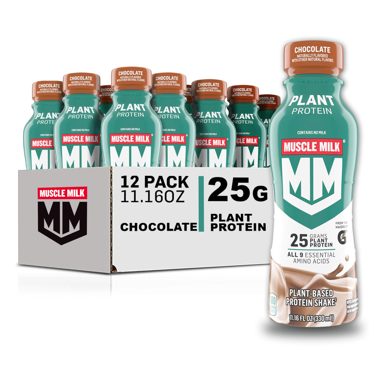 Muscle Milk plant-based chocolate shake bottle front, ready for post-workout fueling.