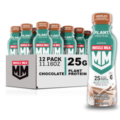 Muscle Milk plant-based chocolate shake bottle front, ready for post-workout fueling.