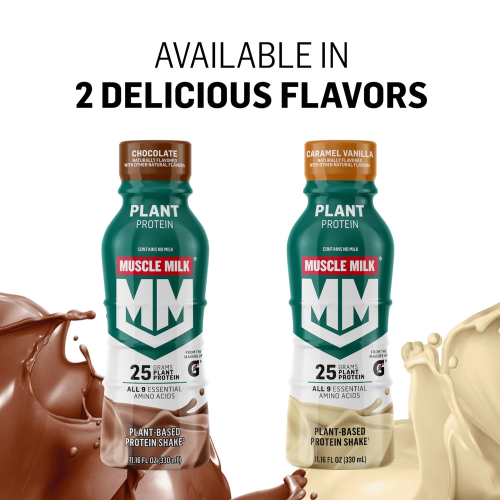 Muscle Milk packaging display, showcasing 12-pack availability.