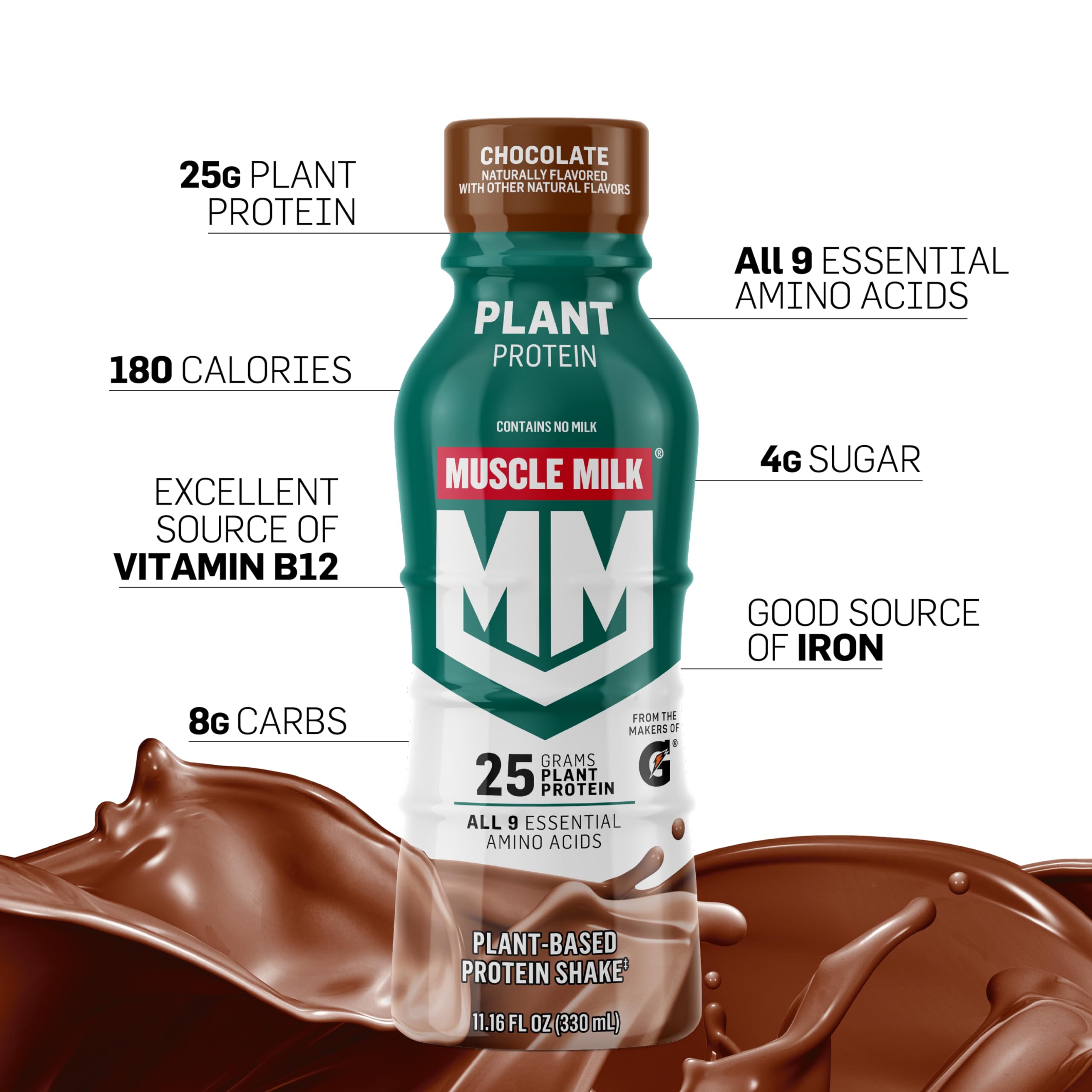 Muscle Milk chocolate shake being poured, illustrating convenient protein boost.