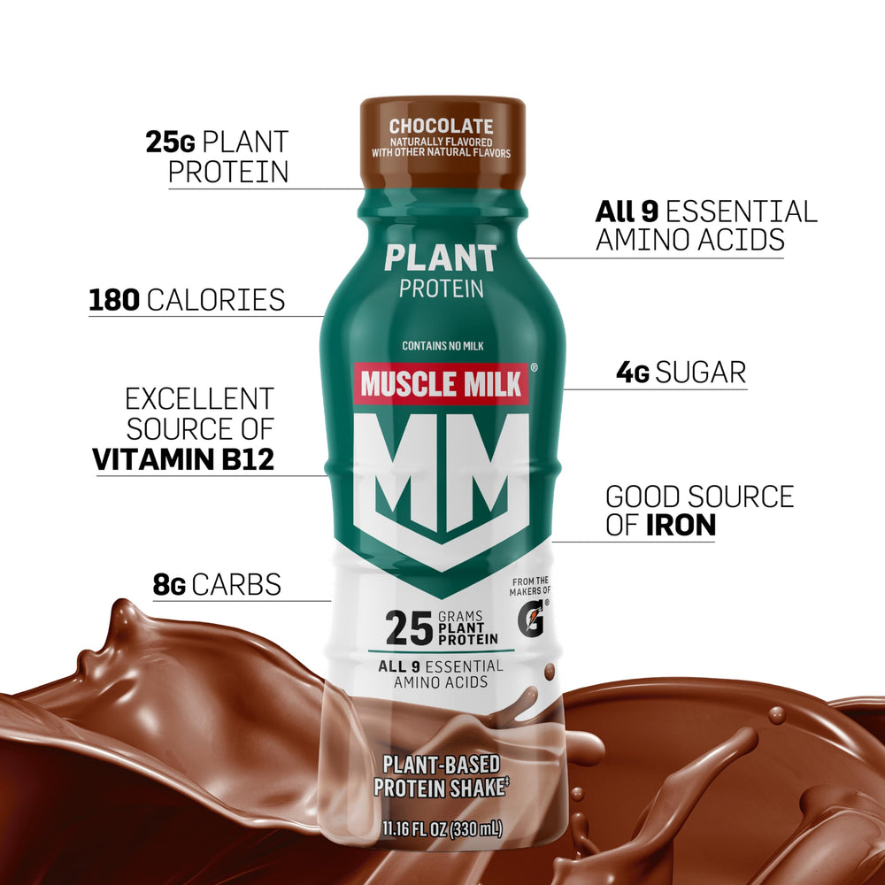 Muscle Milk chocolate shake being poured, illustrating convenient protein boost.