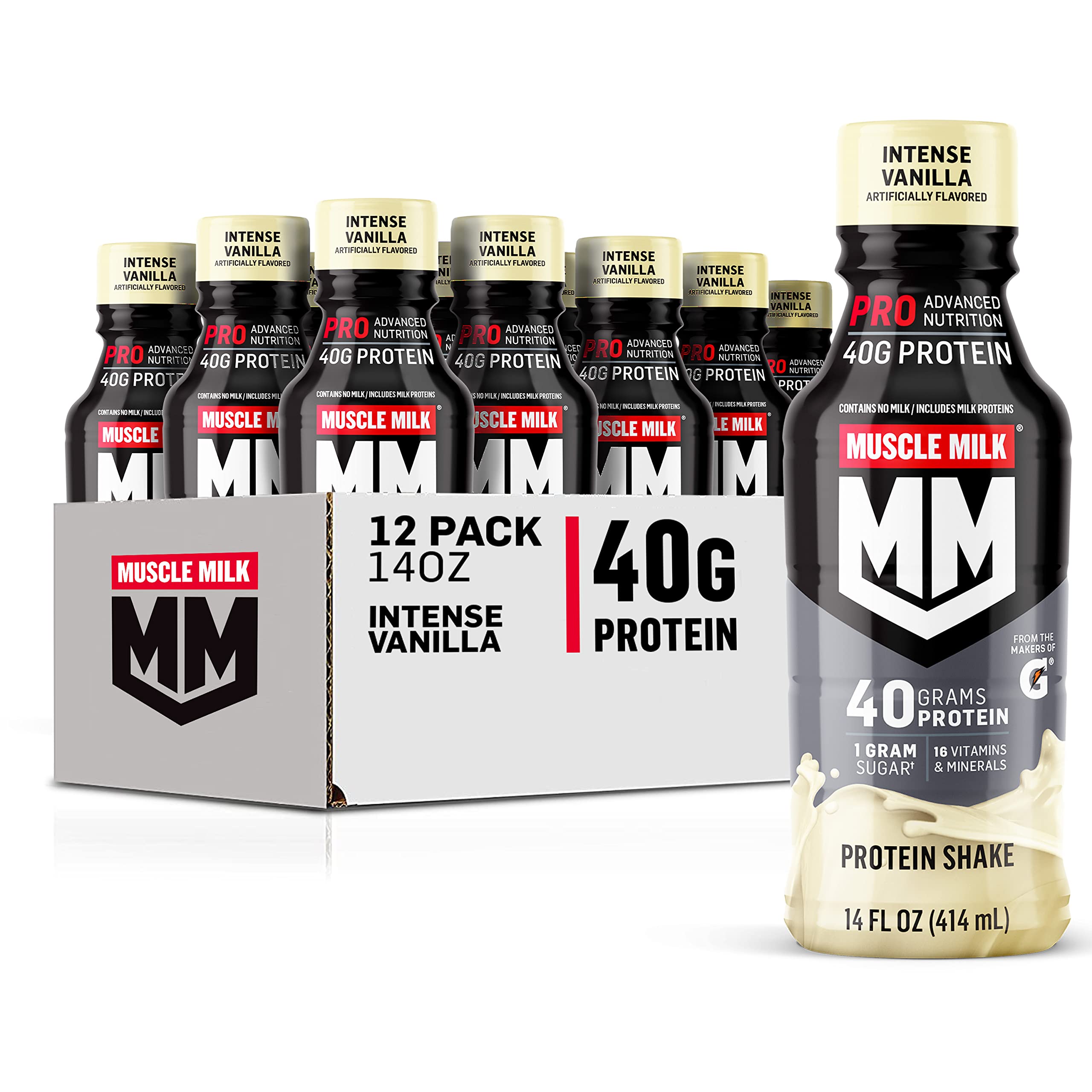 Muscle Milk Pro bottle shows intense vanilla flavor for post-workout fuel.