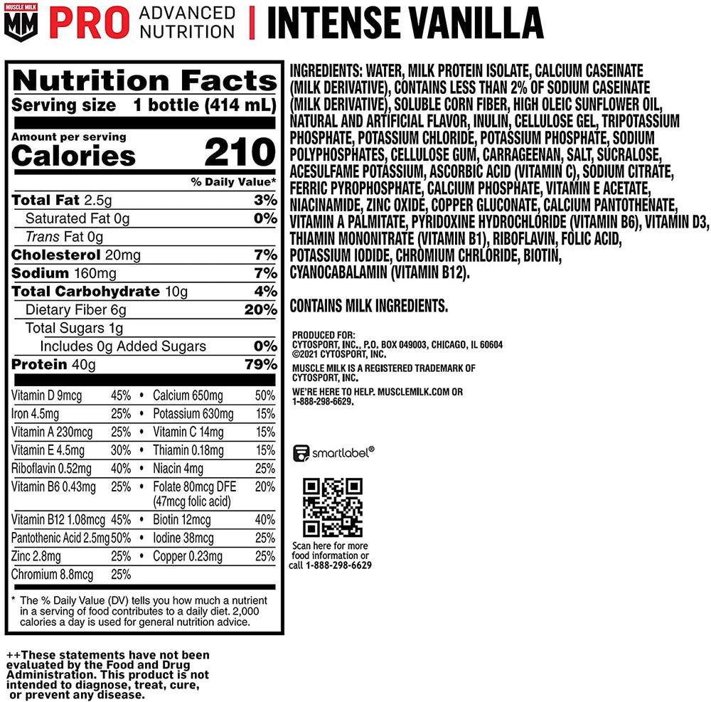 Muscle Milk Pro nutrition label highlights protein and vitamins.