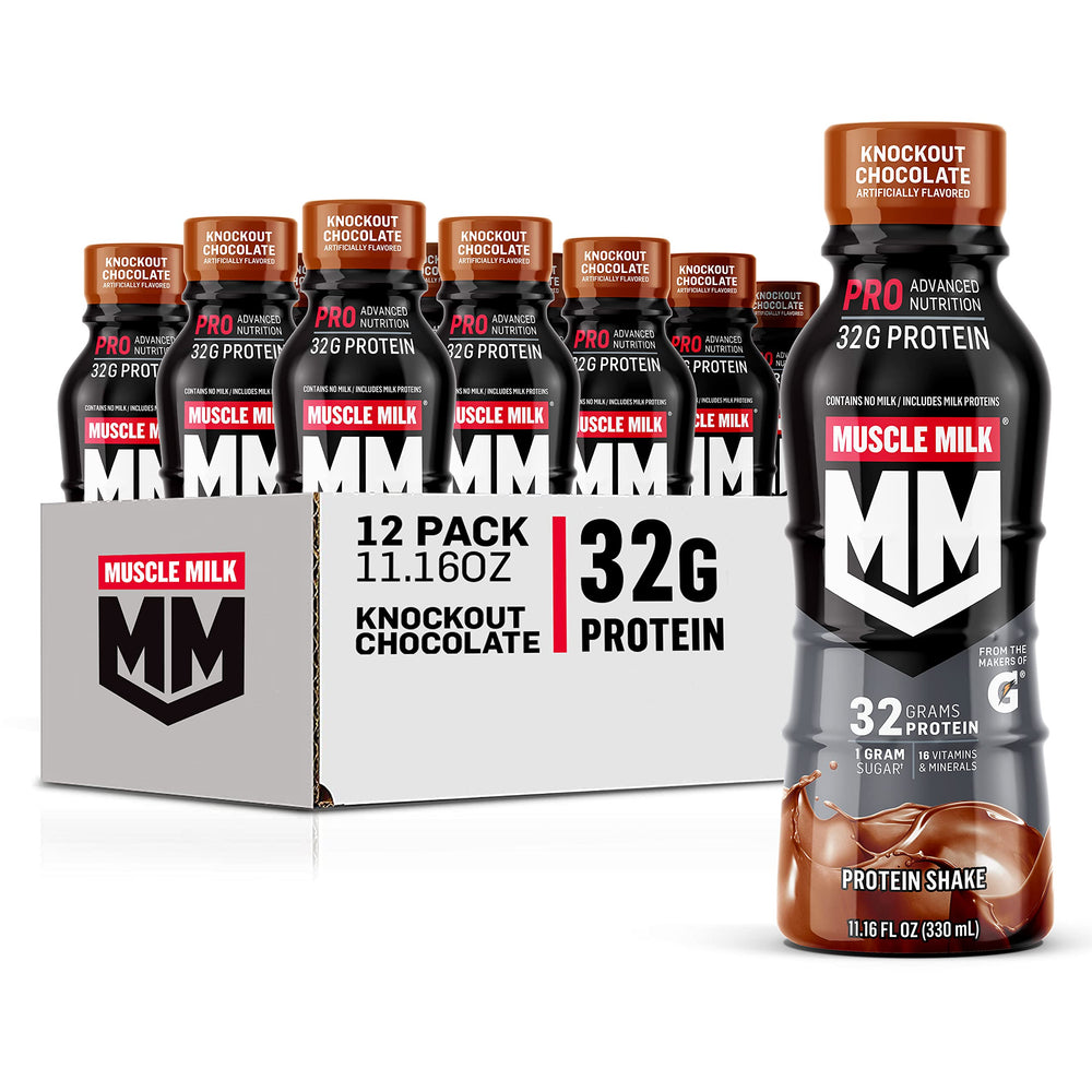 Muscle Milk Pro Knockout Chocolate bottle front, convenient protein source for post-workout recovery.