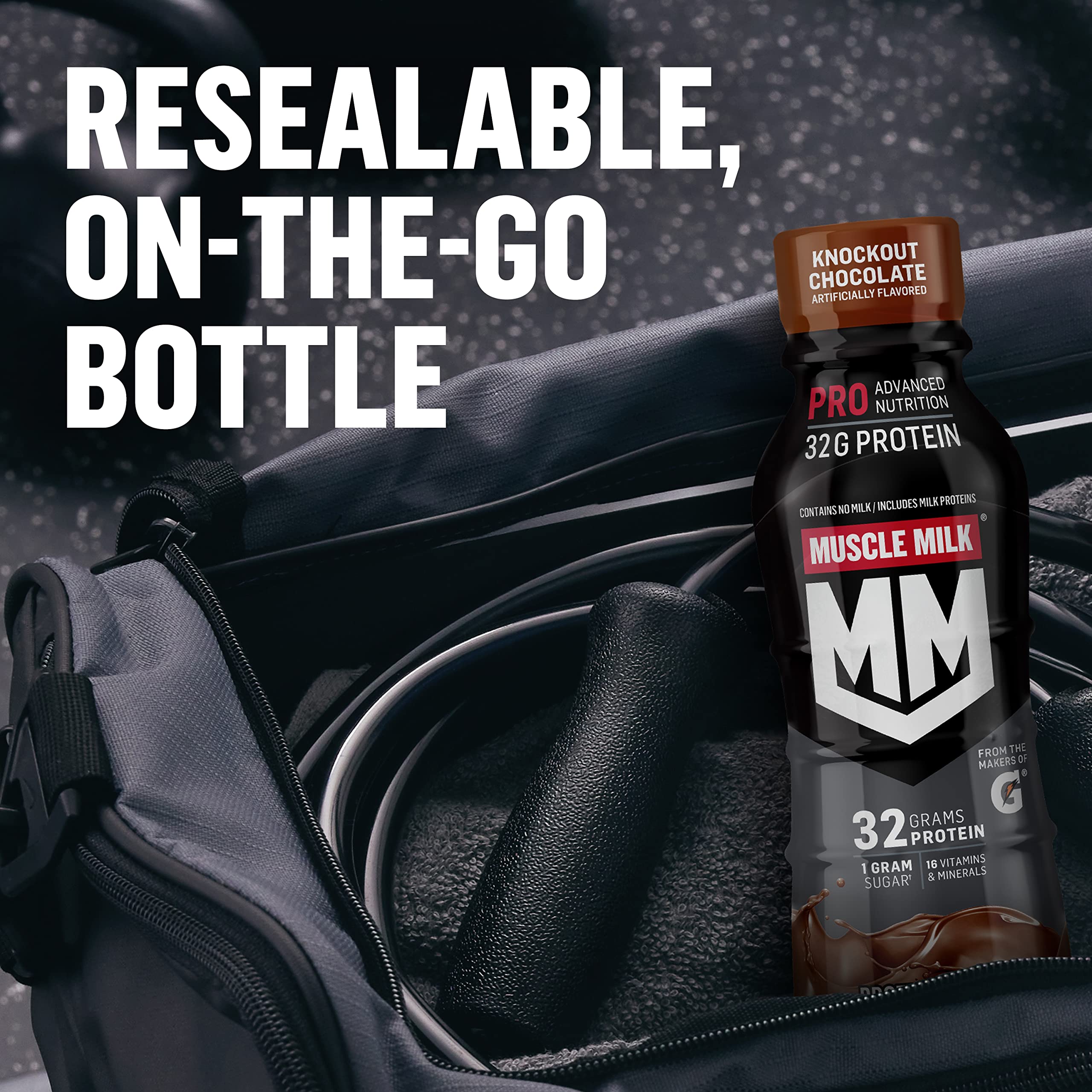 Muscle Milk Pro Knockout Chocolate gym bag scene for easy post-workout protein.