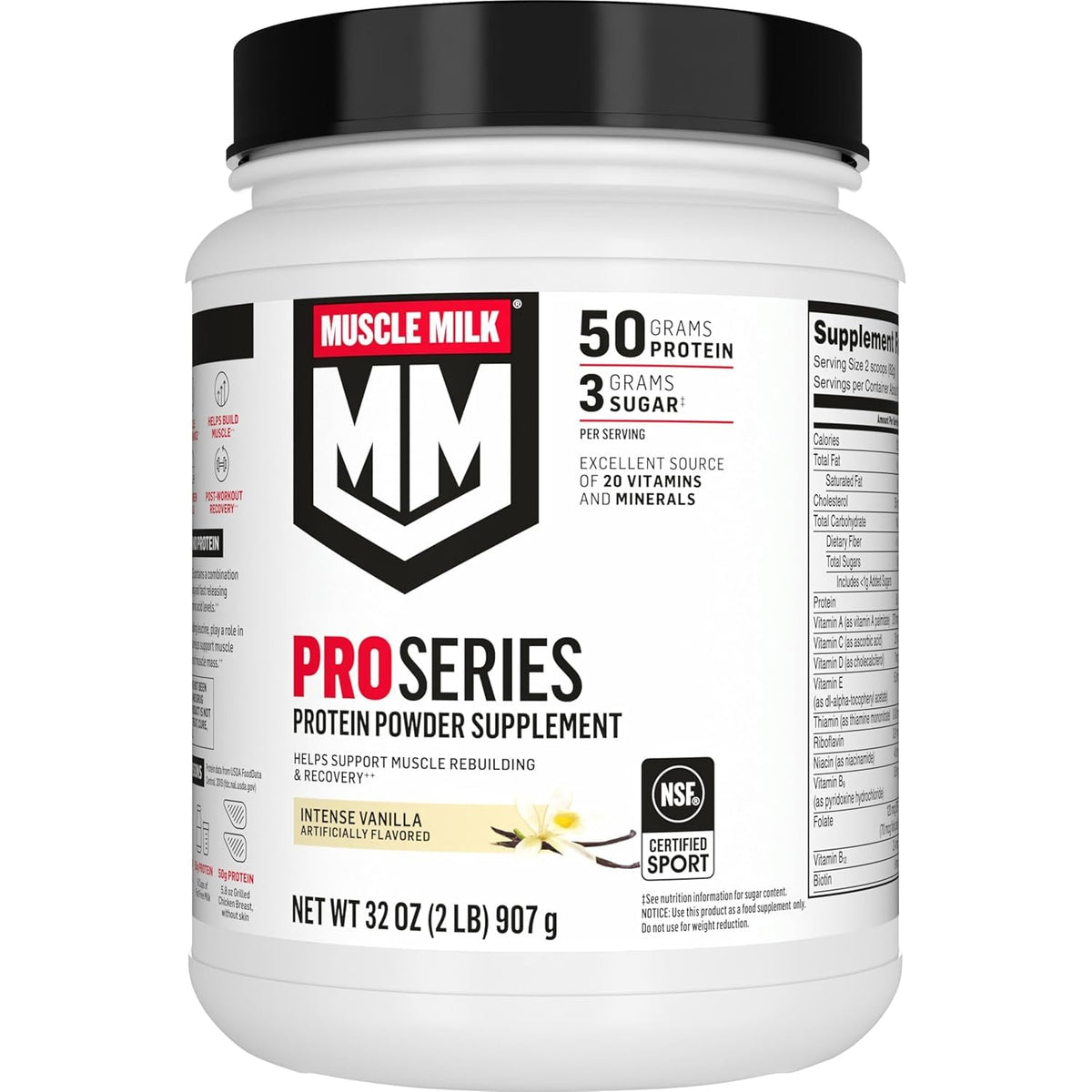 Muscle Milk Pro Series Intense Vanilla tub ready to mix after workouts for recovery