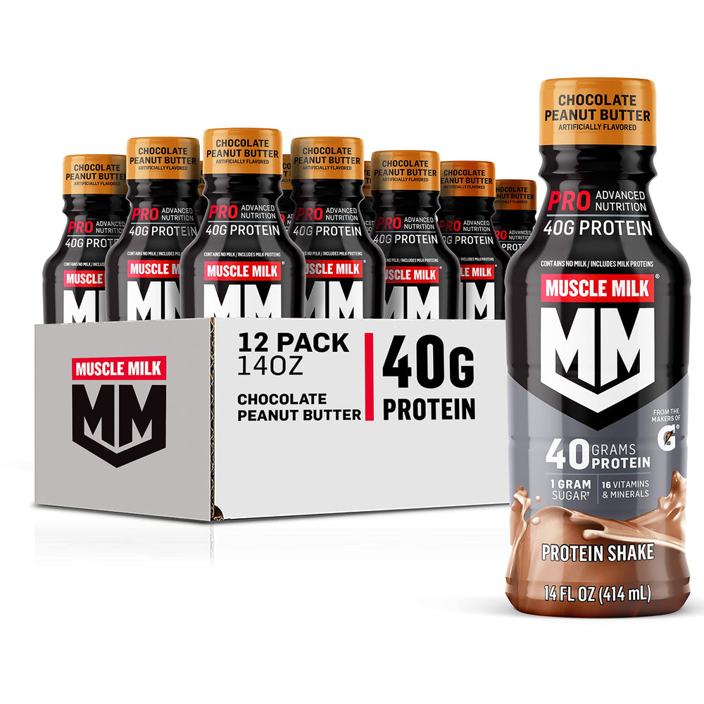 Muscle Milk Pro Series bottle in chocolate peanut butter flavor for post-workout fueling.