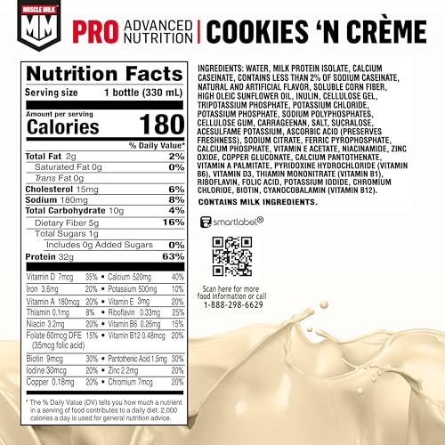 Muscle Milk Pro Series Shake Cookies-n-Creme bottle with nutrition details.