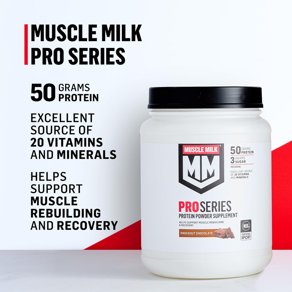 Muscle Milk Pro Series shaker bottle shown with powder for on-the-go mix.