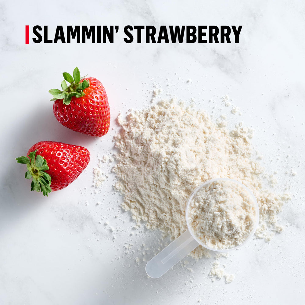 Muscle Milk Pro Series Slammin' Strawberry nutrition facts label highlights protein and minerals