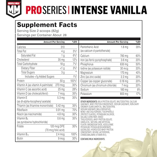 Muscle Milk Pro Series Intense Vanilla nutrition label highlighting 50 g protein per serving