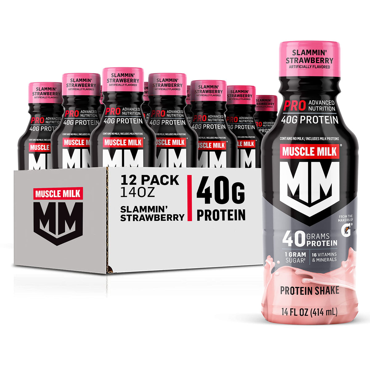 Muscle Milk Pro Slammin' Strawberry bottle front showing 40g protein per serving for recovery.