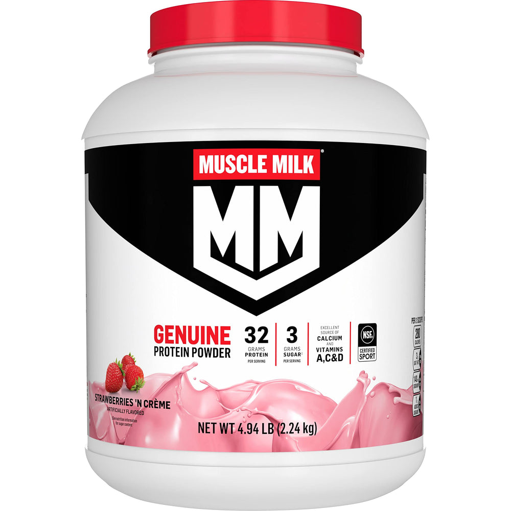 Muscle Milk Strawberries N Creme canister showing protein blend for steady amino acid support