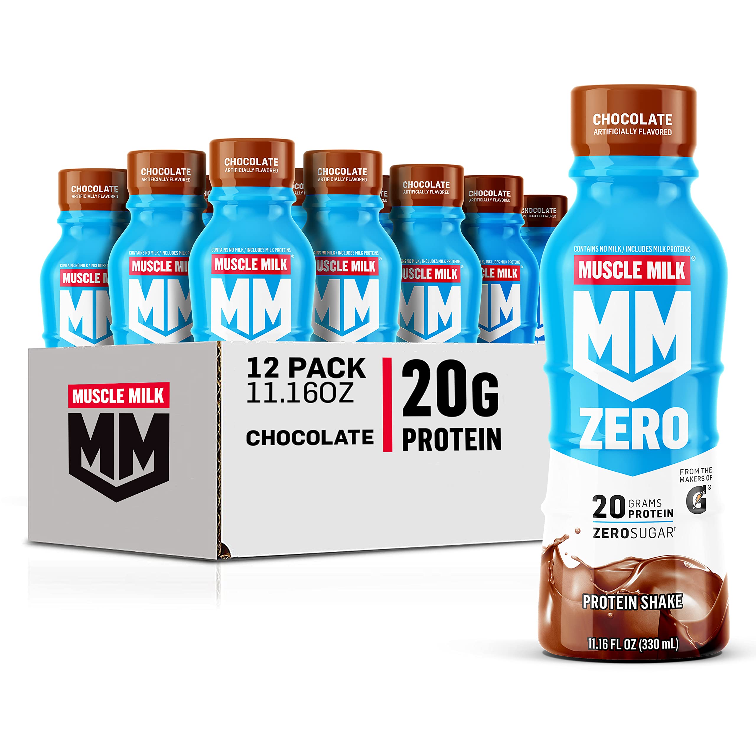Muscle Milk Zero chocolate bottle for a convenient protein boost after workouts