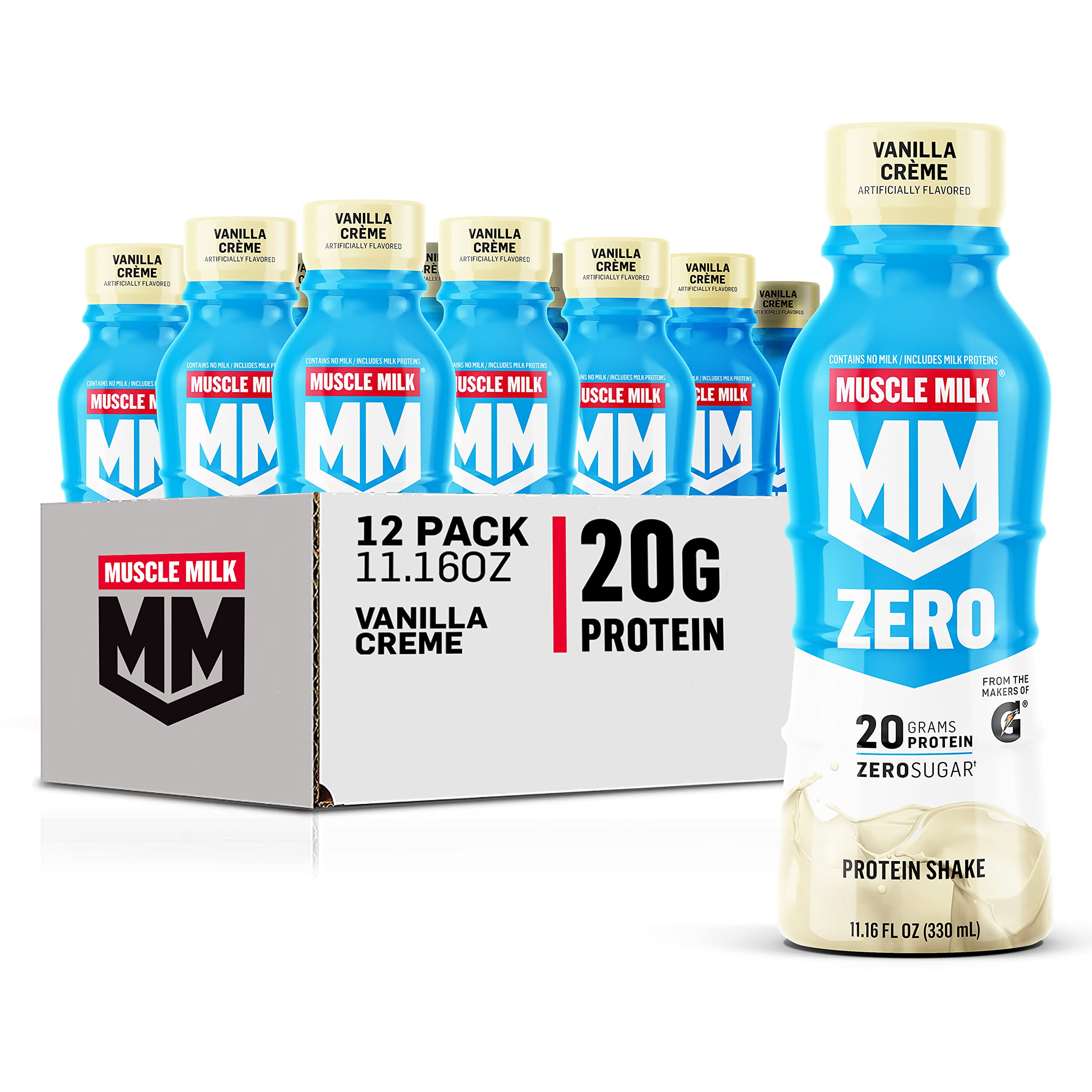Muscle Milk Zero Vanilla Creme bottle showing 20g protein per serving for a quick protein boost.
