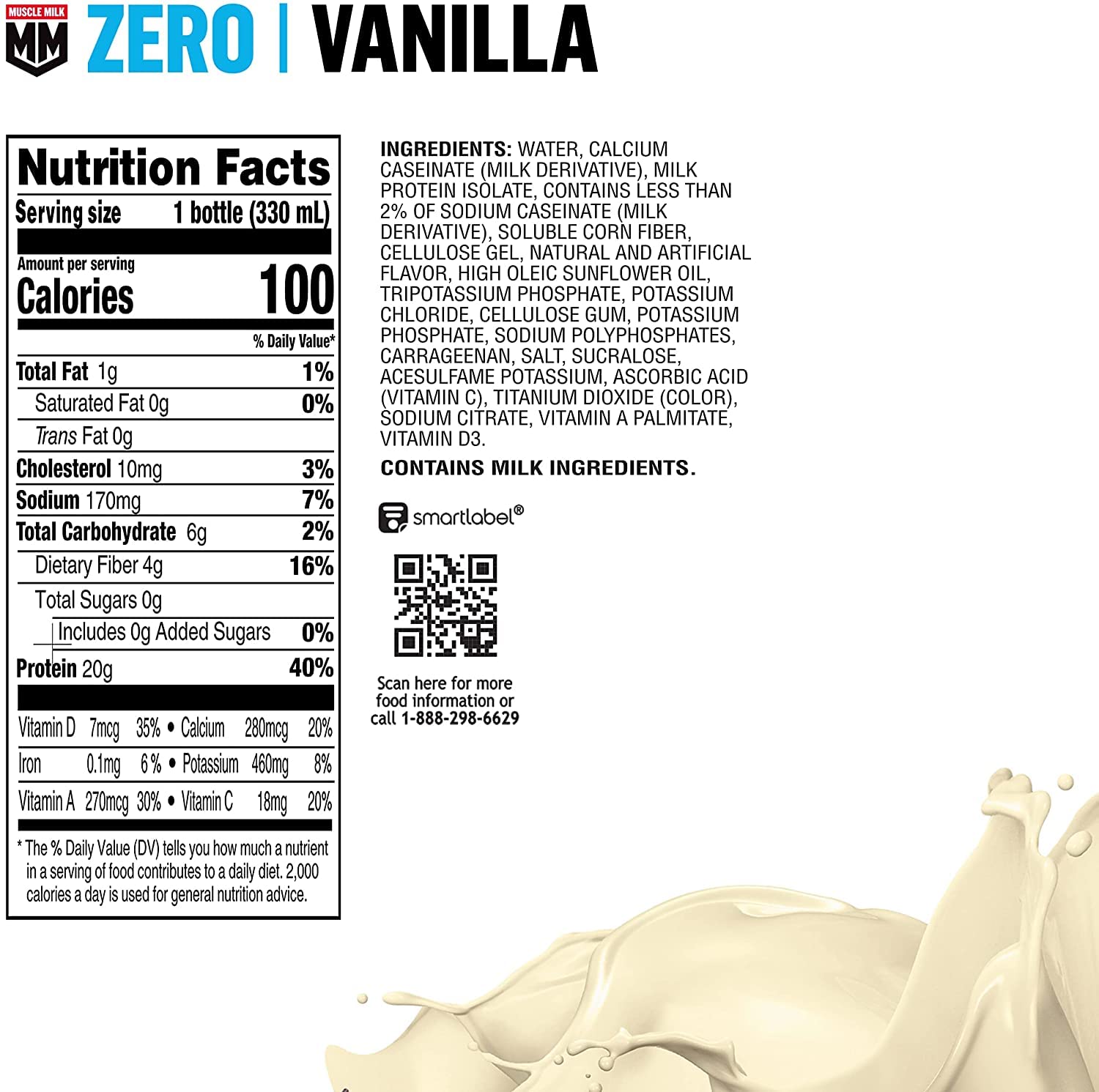 Muscle Milk Zero Vanilla Creme pour depicting a creamy shake after workouts.