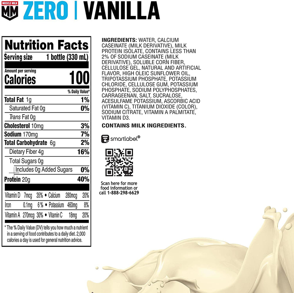 Muscle Milk Zero Vanilla Creme pour depicting a creamy shake after workouts.