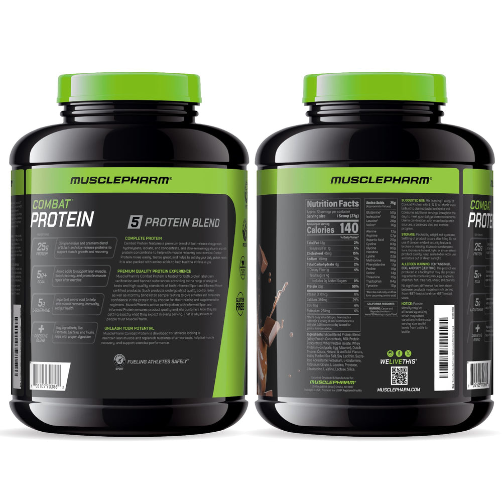 MusclePharm Combat Powder label highlights flavor and protein variety.