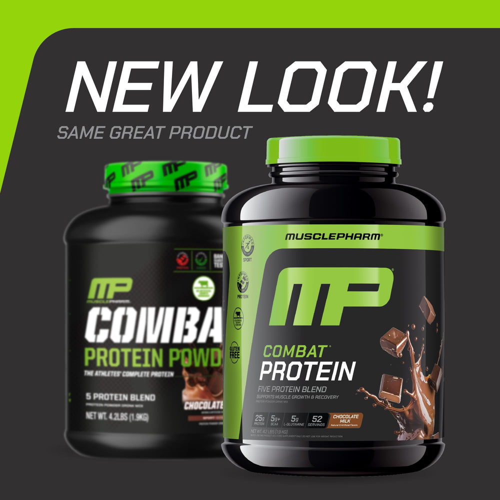 MusclePharm Combat Protein Powder scoop shows 25g protein per serving.