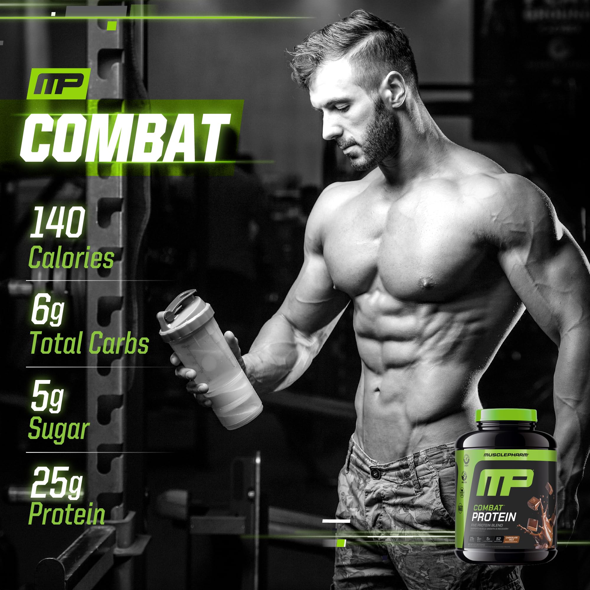 MusclePharm Combat Powder gluten-free badge visible on label.