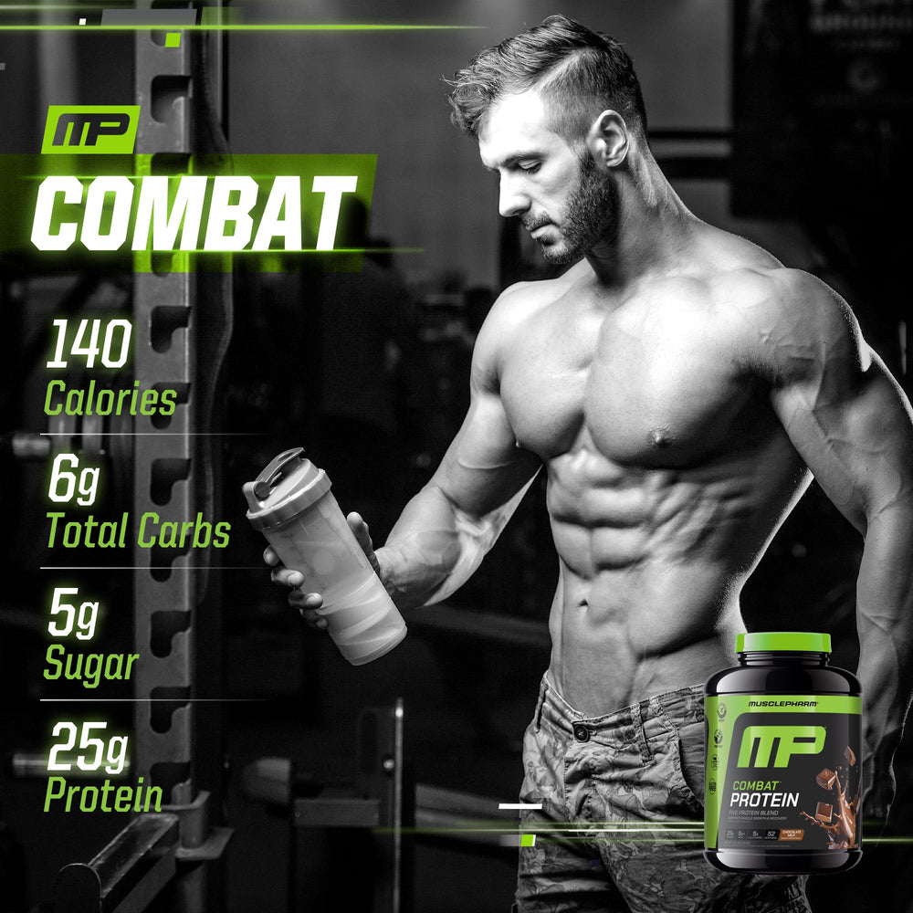 MusclePharm Combat Powder gluten-free badge visible on label.