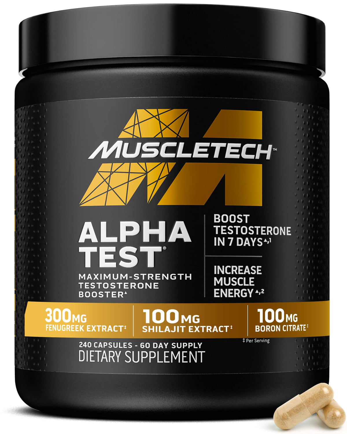 MuscleTech AlphaTest bottle label close-up showing 240 capsules for 60-day supply