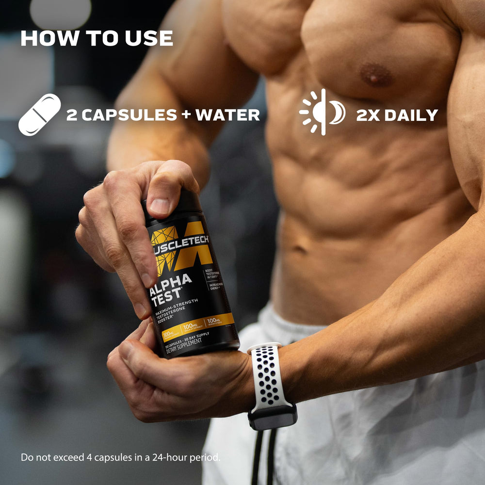Dosing guide: two AlphaTest capsules with water twice daily
