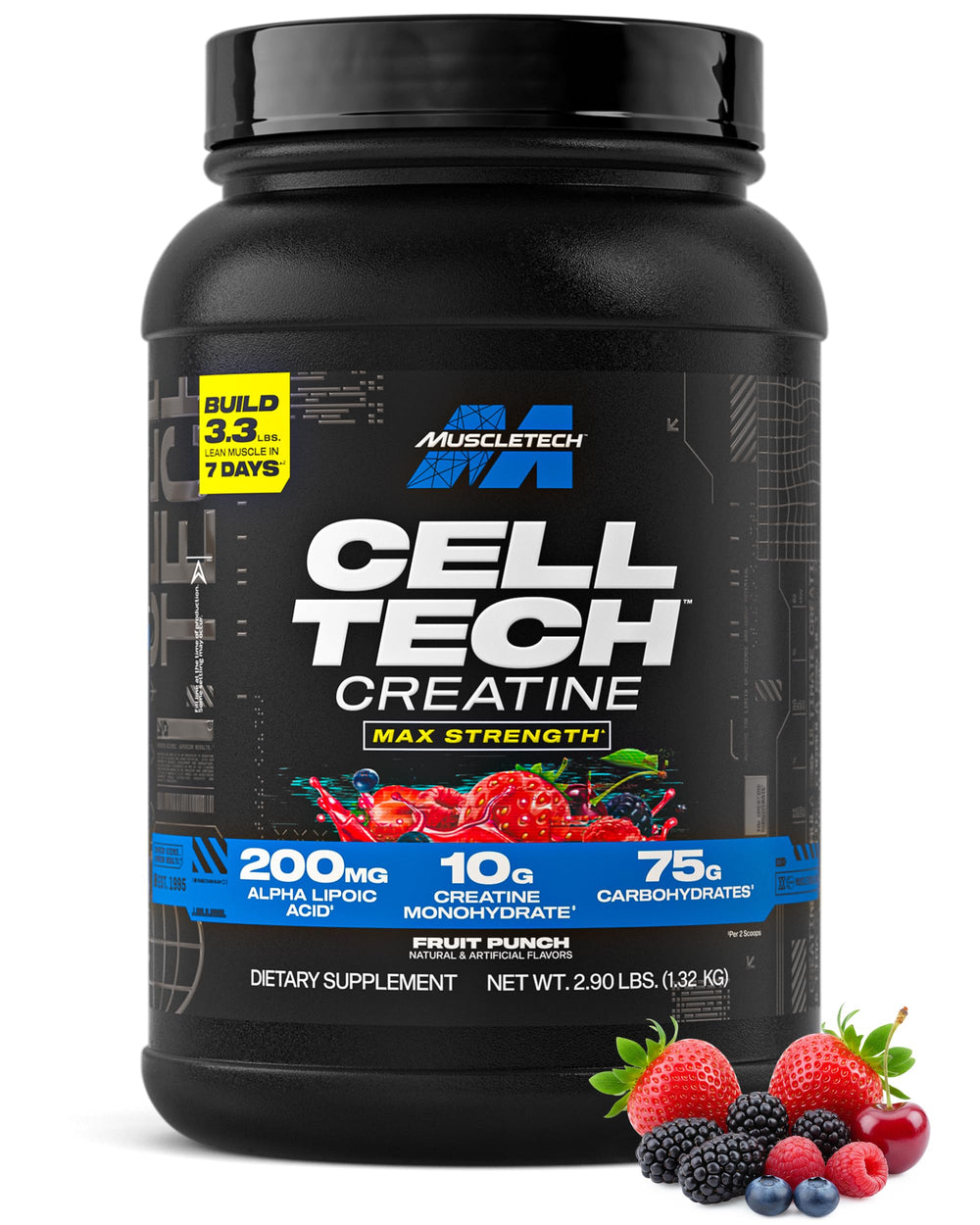 MuscleTech Cell-Tech fruit punch powder ready-to-mix for workouts supports lean muscle.