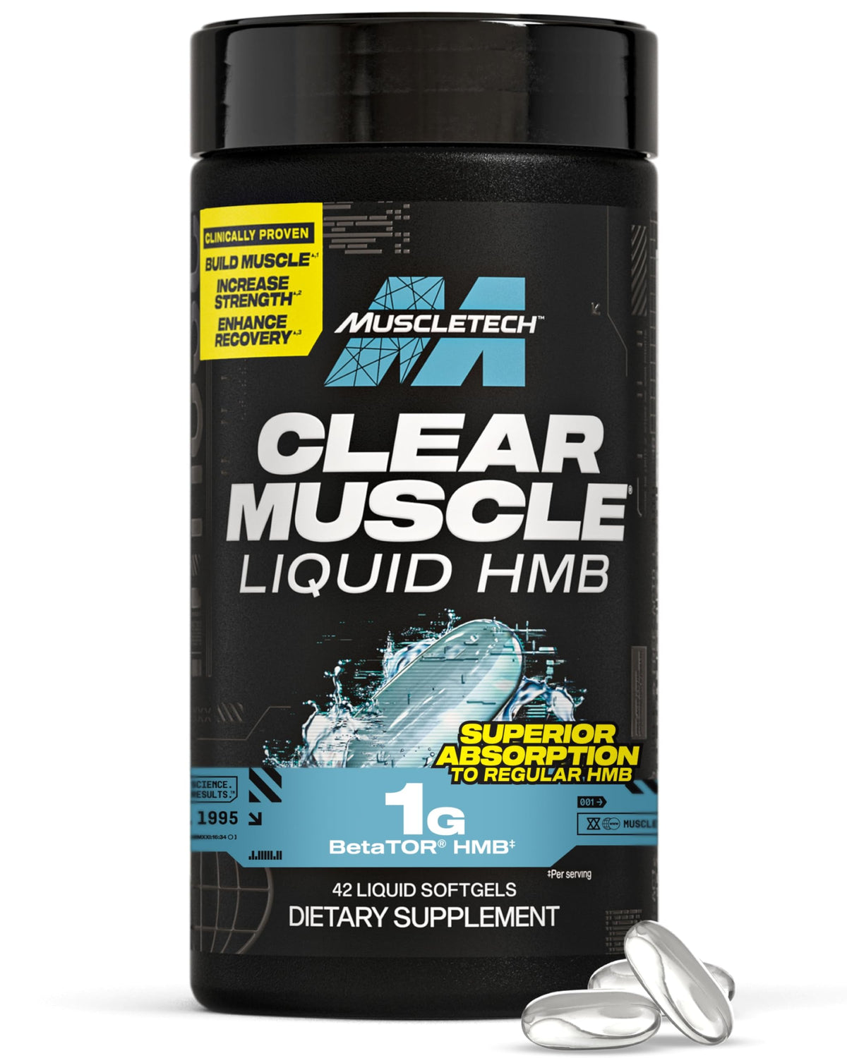 MuscleTech Clear Muscle bottle with 42 liquid-softgels supports recovery