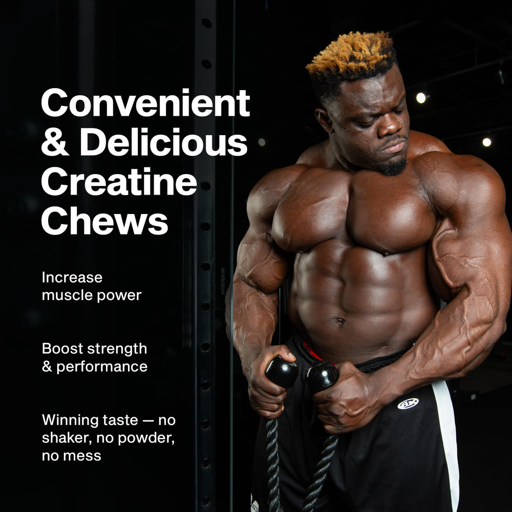 MuscleTech Creatine Chews bottle with 90 tablets, ready for daily training sessions.