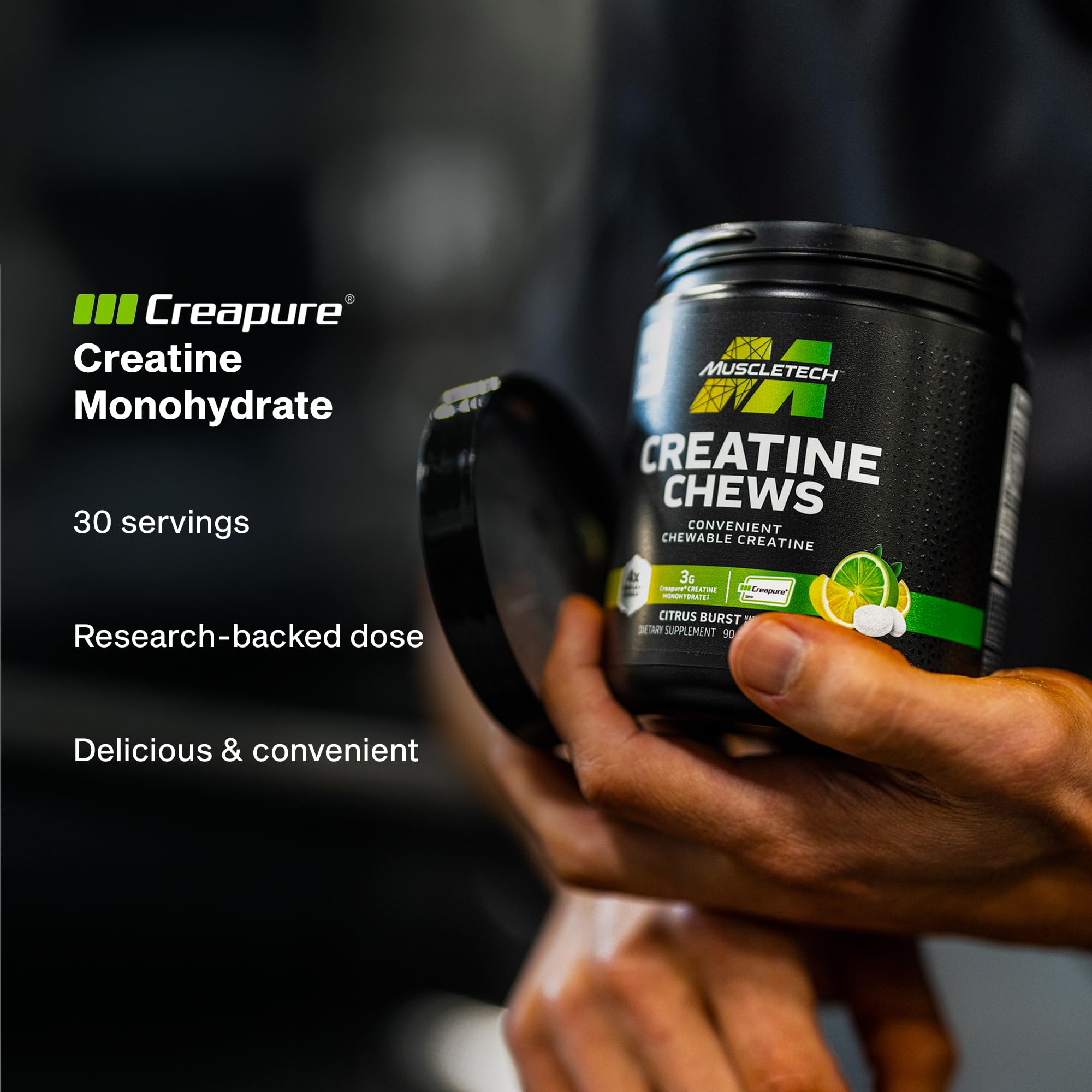 MuscleTech Creatine Chews Citrus Burst pack, appealing flavor for enjoyable workouts.