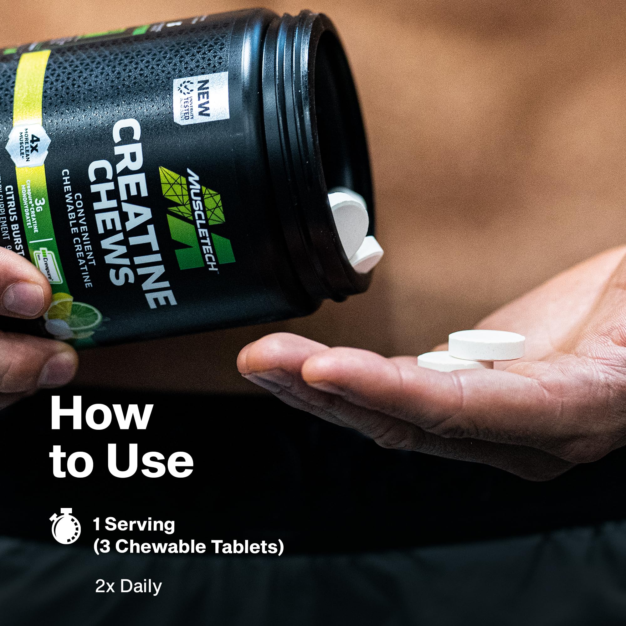MuscleTech Creatine Chews ingredient graphic showing Creapure creatine for quality.