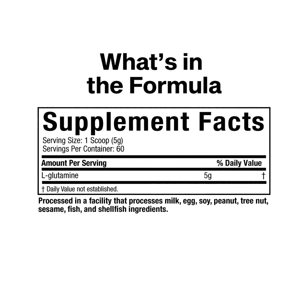 Ingredients panel of MuscleTech Glutamine highlighting premium amino acid profile