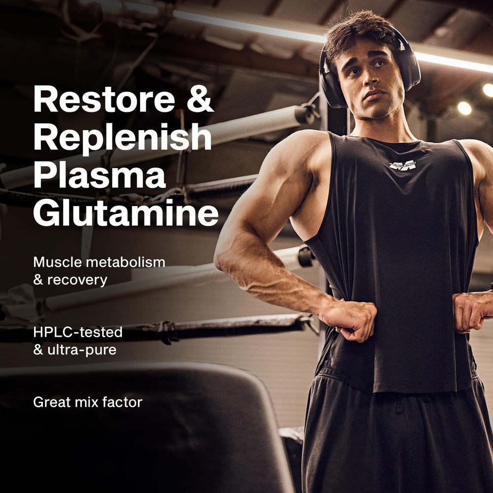 MuscleTech Glutamine powder poured into a glass for easy mixing