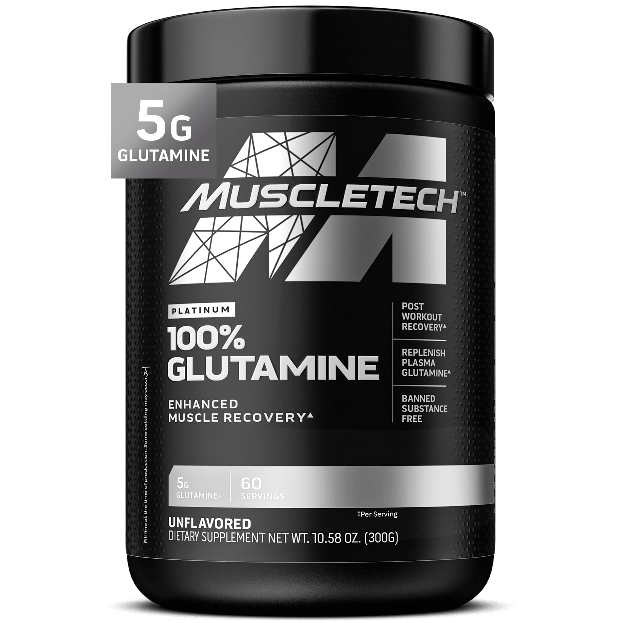 MuscleTech Glutamine powder tub close-up showing pure post-workout support powder
