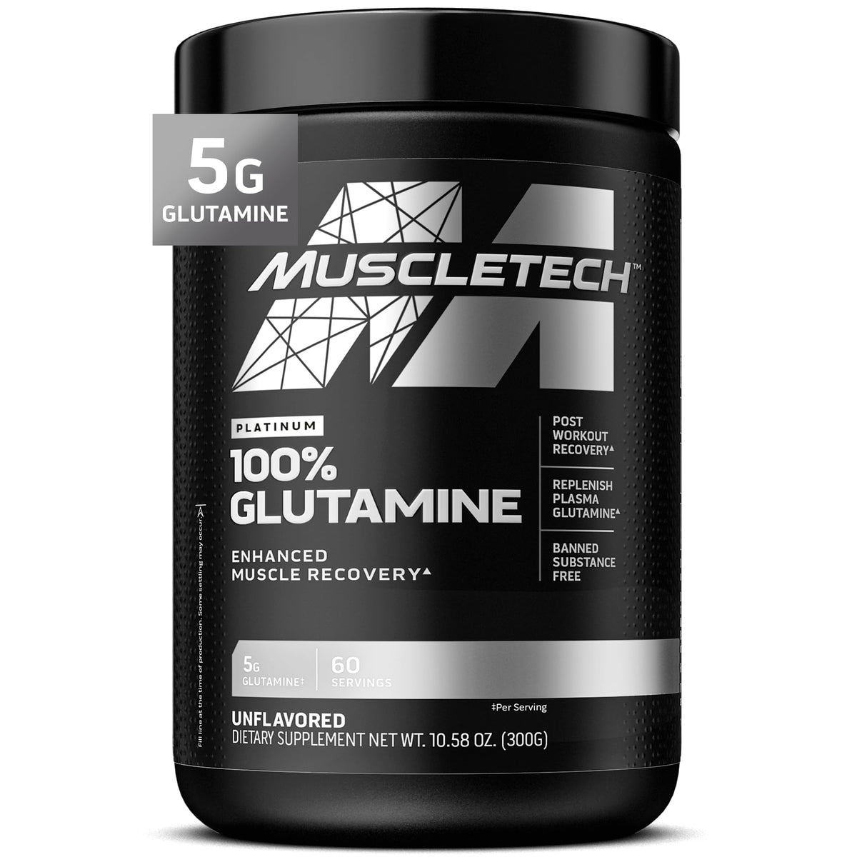 MuscleTech Glutamine powder tub close-up showing pure post-workout support powder