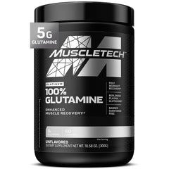 MuscleTech Glutamine powder tub close-up showing pure post-workout support powder