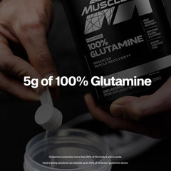 Scoop of MuscleTech Glutamine with a measuring spoon showing a 5 g serving