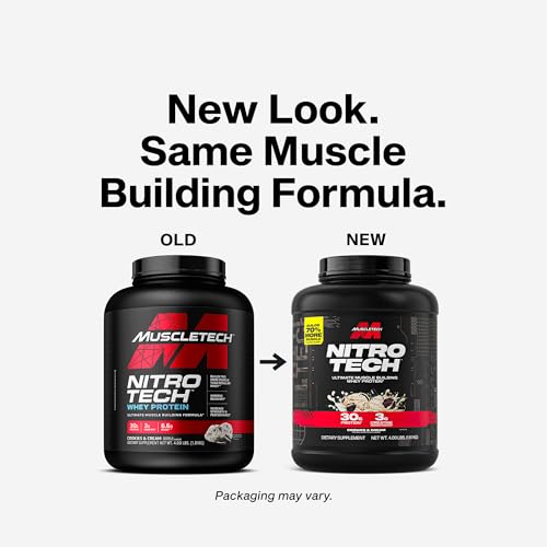 Muscletech Nitro-Tech scoop reveals 30g protein per serving for recovery potential.