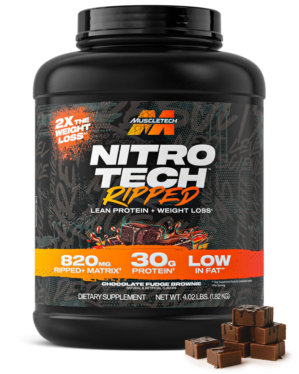 MuscleTech Nitro-Tech Ripped tub in Chocolate Fudge Brownie flavor for lean muscle support