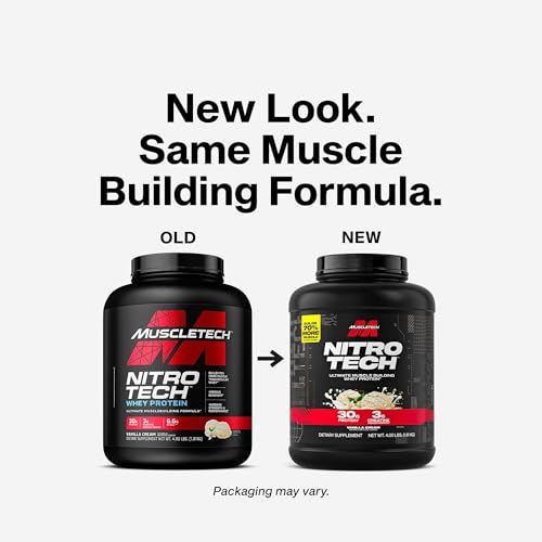 Nitro-Tech scoop and label showing simple, convenient post-workout serving