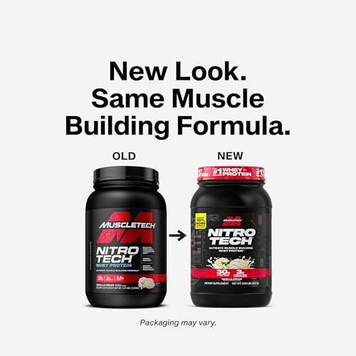 MuscleTech Nitro-Tech scoop highlighting 30g protein per serving for building lean muscle.