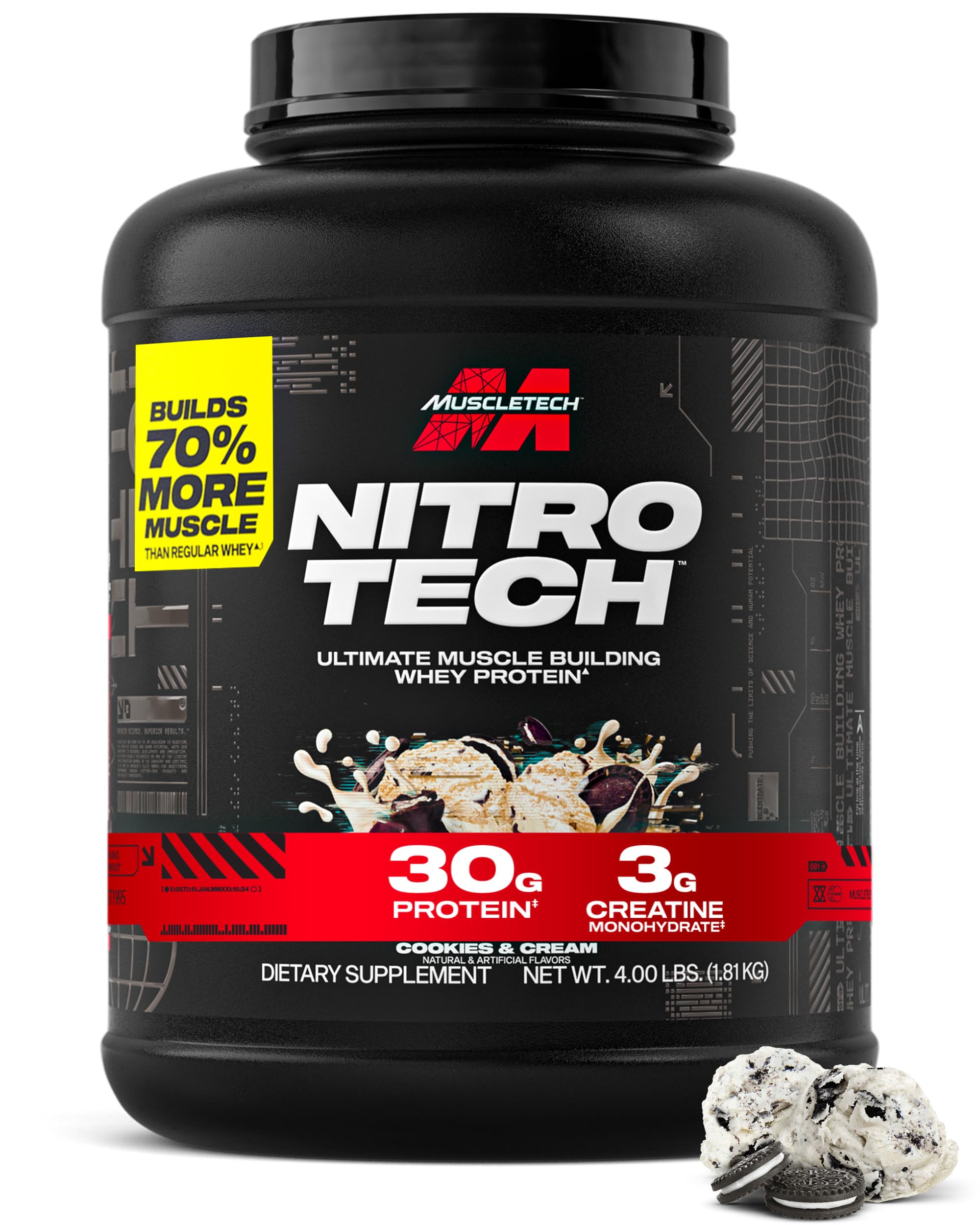 Muscletech Nitro-Tech Cookies and Cream tub showcasing premium protein for lean muscle support.