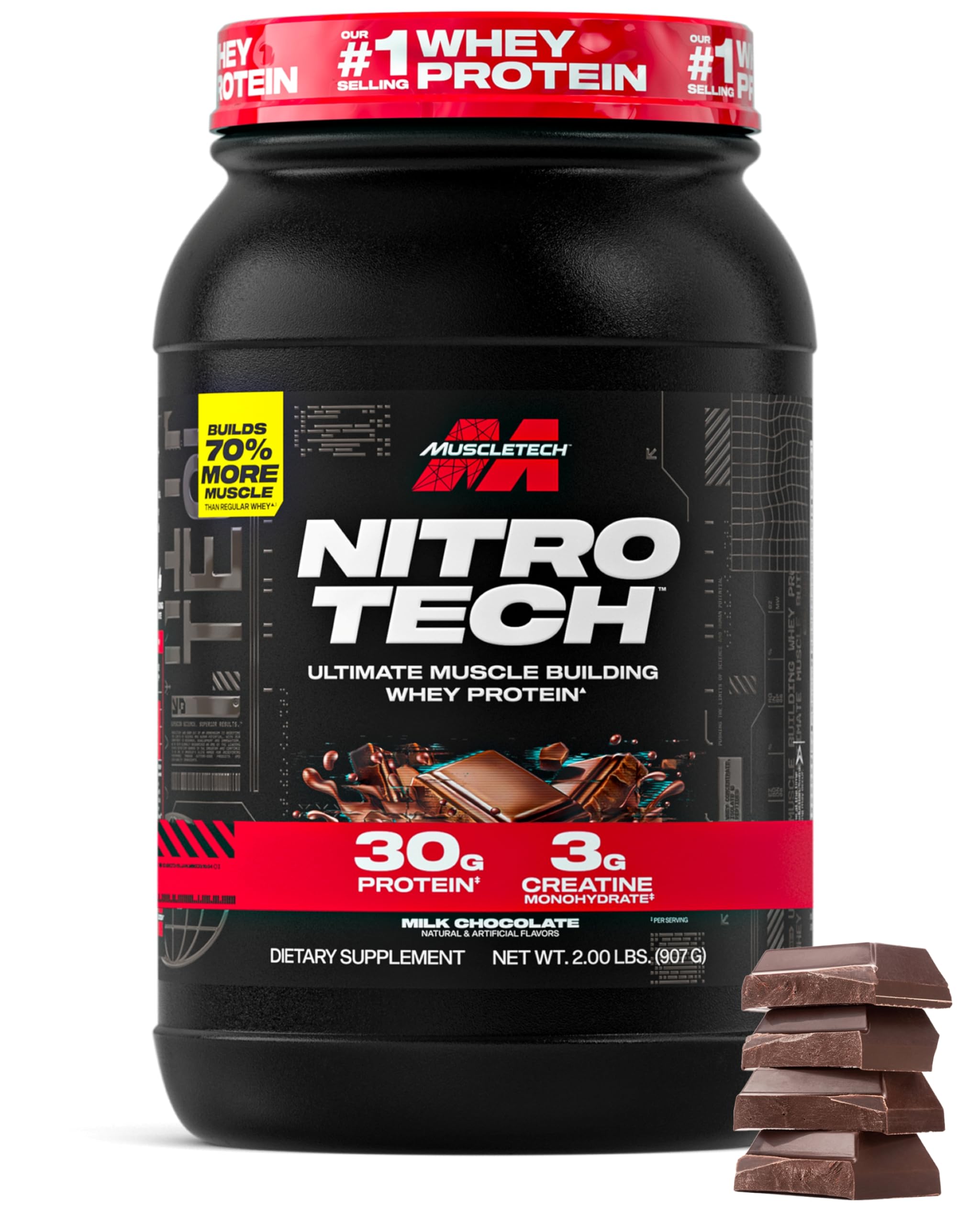 Muscletech Nitro-Tech whey protein tub in Milk Chocolate flavor for lean muscle support.