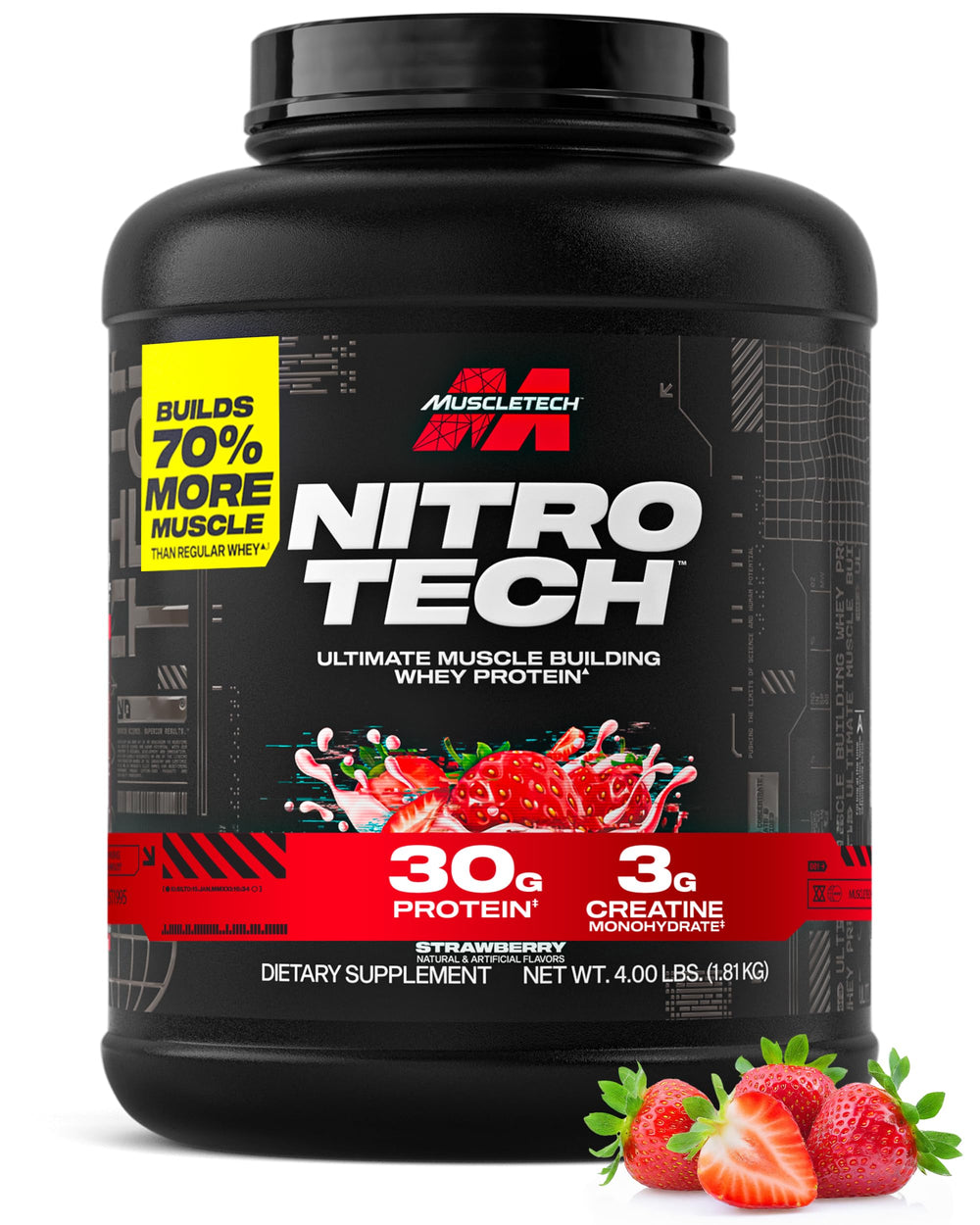 MuscleTech Nitro-Tech strawberry bottle showcases high-protein power for lean muscle gains.