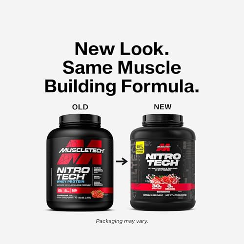 Nitro-Tech strawberry scoop demonstrates 30 g protein per serving for muscle support.