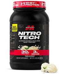 MuscleTech Nitro-Tech Whey Protein Vanilla Cream tub with rich flavor for post-workout recovery.